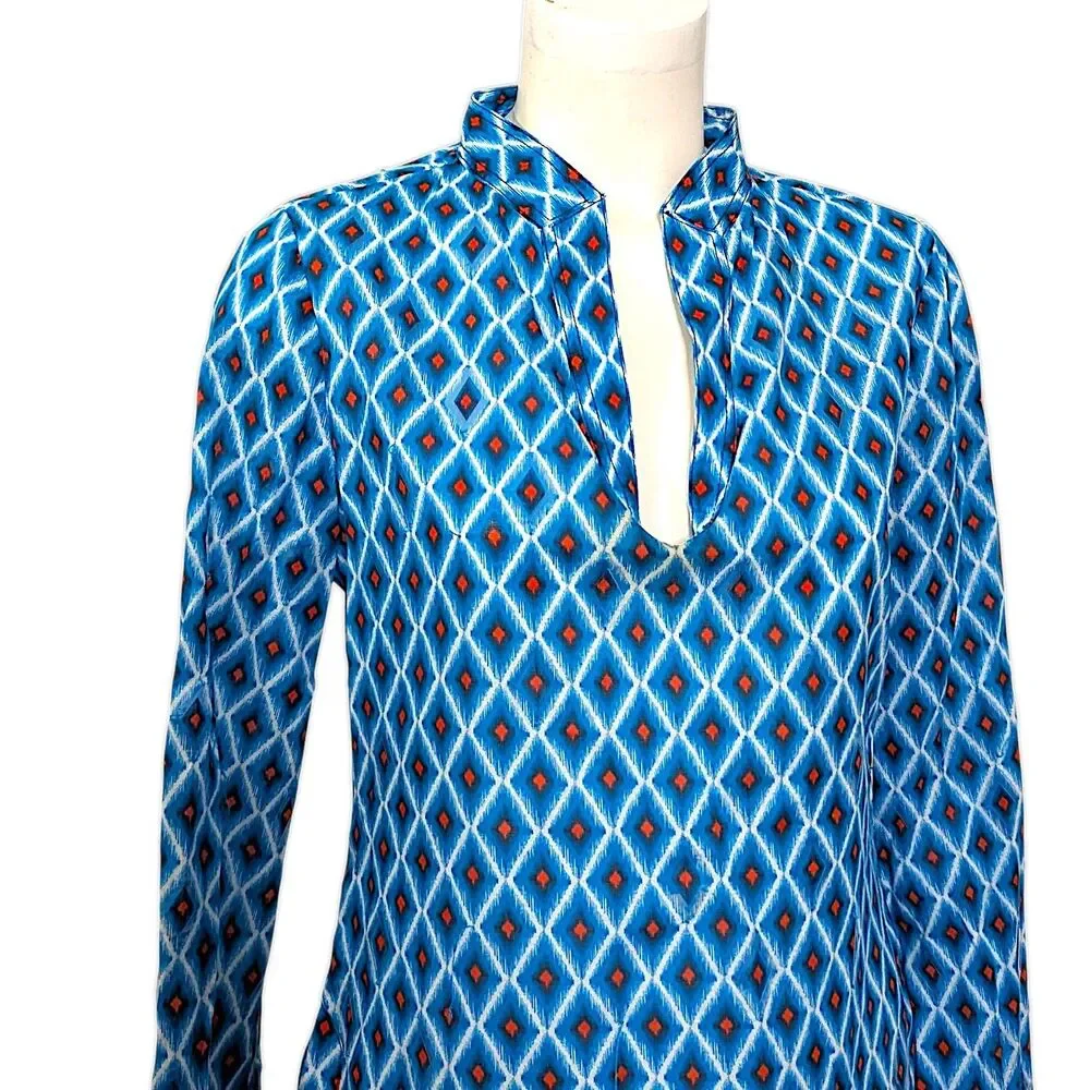 Tory Burch Size 4 Plastic Diamond Accents Blue Top Long Sleeve Boho Geometric